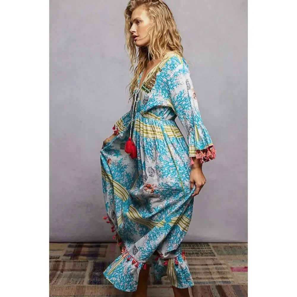 POL - Beach Inspired Pattern Ruffle Sleeve Tassel Maxi Dress - Medium - Picture 4 of 6